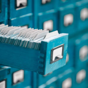 Photo of a card catalogue filing system for searching information